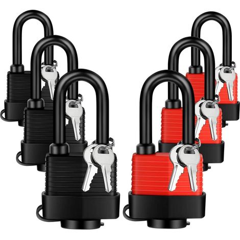 Cadenas à clé identique, résistants aux intempéries, lot de 6 (3 rouges/3 noirs)