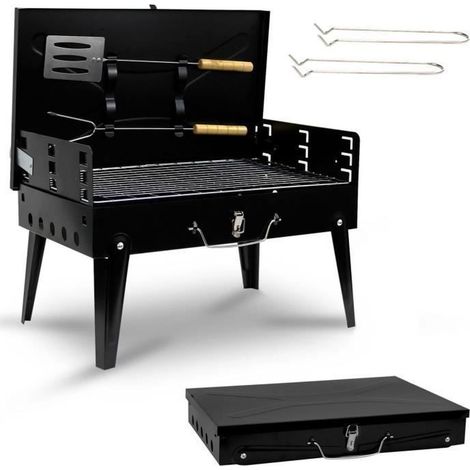1 grill à charbon de bois portable, pliable et compact pour barbecue extérieur, camping, pique-nique