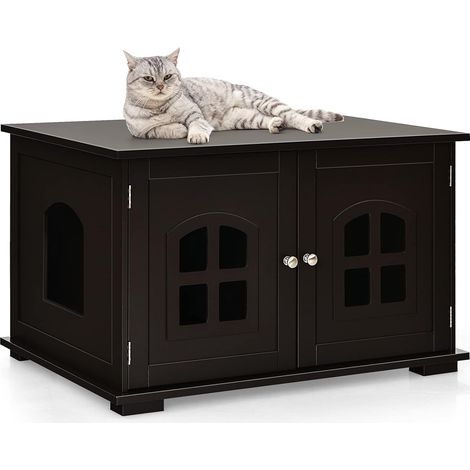 Casetta per Gatti, Casetta-comodino per Gatti con Doppie Porte e Finestre, Casetta Decorativa Ventilata per Domestici, 81 x 53 x 49 cm (Marrone) (1/5)