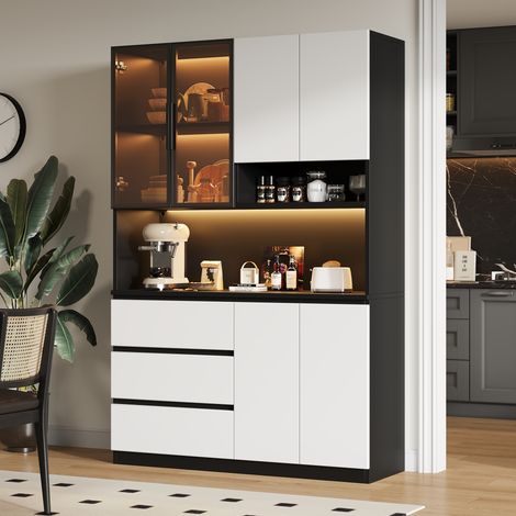 Meuble de cuisine vitré avec éclairage LED, armoire multifonction 3 tiroirs, 6 portes et étagères pour rangement vaisselle et micro-ondes. Dimensions : L120,5×P40×H180 cm. (1/5)