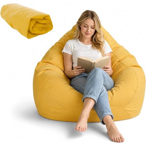 Housse de Pouf XL, Pouf pour Adultes (Housse Seule, sans Rembourrage), avec Poches Latérales, pour Ranger des Peluches, pour Chambre, Bureau, Salon, Terrasse, 100 x 120 cm (Jaune) (1/5)