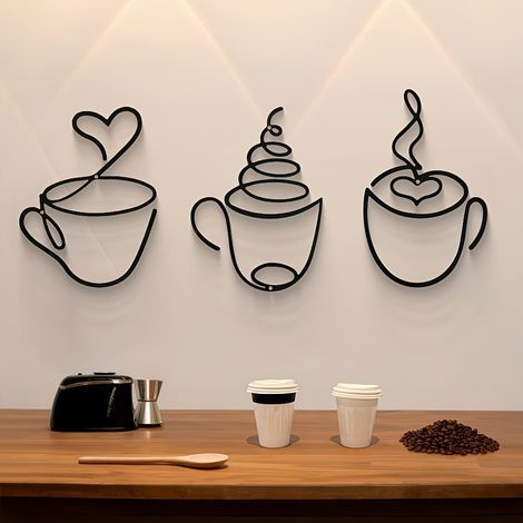 Décoration murale en métal 3 pièces tasses à café minimalistes noires 20,3 cm pour cuisine salon café bar pub (1/5)