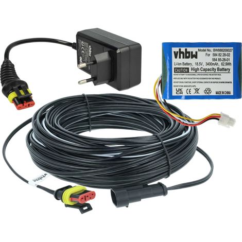 vhbw 1x Alimentation, 1x Batterie 3400 mAh, 1x Câble basse tension 20 m remplacement pour Husqvarna 584 85 28-01, 584 85 28-02 pour tondeuse à gazon