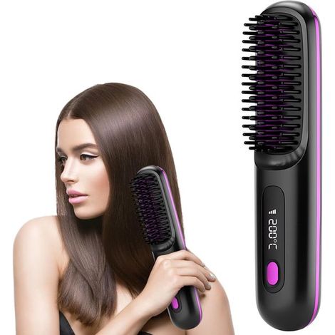 Brosse lissante sans fil - Avec affichage LCD de la température - Lisseur portable - Brosse chauffante sans fil - Pour un usage quotidien et en voyage (1/5)