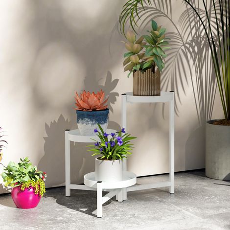 Supporto per piante pieghevole in metallo a 3 livelli con 3 ripiani rotondi, porta vasi da fiori, 40x40x42 cm, bianco (1/5)