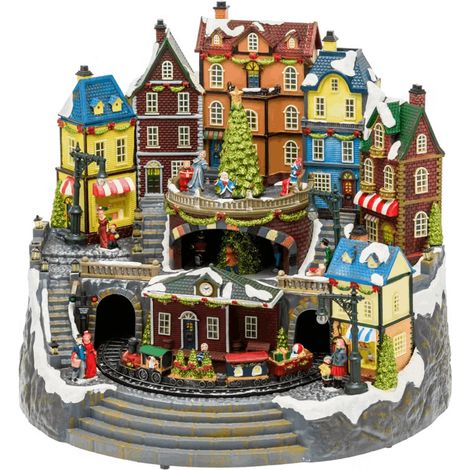 Villaggio di Natale, Stazione con Trenino in movimento e Albero di Natale rotante, h 38 cm, musiche natalizie (1/4)