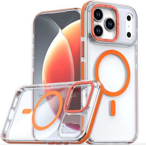 (Orange, iPhone 14 Pro Max) Étui de protection magnétique transparent de luxe, résistant aux chocs et compatible avec la recharge sans fil