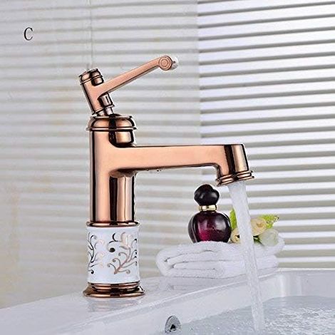 Robinet de lavabo, bronze, doré, monocommande, eau chaude/froide