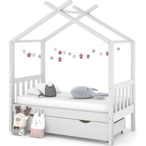 Lit simple pour adulte - Cadre de lit avec un tiroir Blanc Pin massif 70x140 cm BV994604 - BonneVie (1/5)