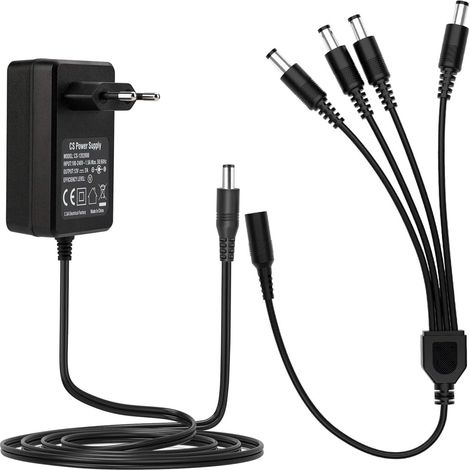 Bloc d'alimentation CC 12 V 2 A pour Caméra de Vidéosurveillance - Prise Européenne - Noir - pour DVR + 1 Répartiteur en Y vers 4 Câbles DC 12 V - 1 Prise (1/5)
