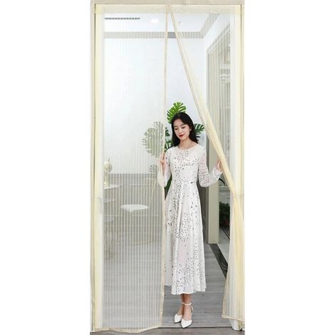 Moustiquaire magnétique de porte 100 x 220 cm, compatible avec les animaux, sans perçage, pour la maison et la cuisine, rayures beiges, 90 x 210 cm, 275 g (1/5)