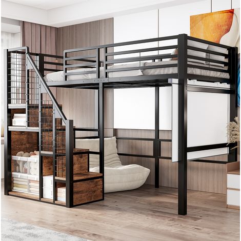Letto rialzato 90x200 cm con vano portaoggetti integrato e scala, in metallo nero, materasso non incluso (1/5)