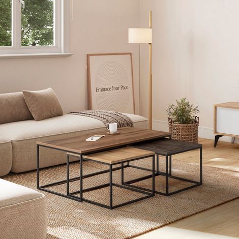 Lot de 3 tables basses 55 et 110 cm effet chêne, noyer et marron (1/5)