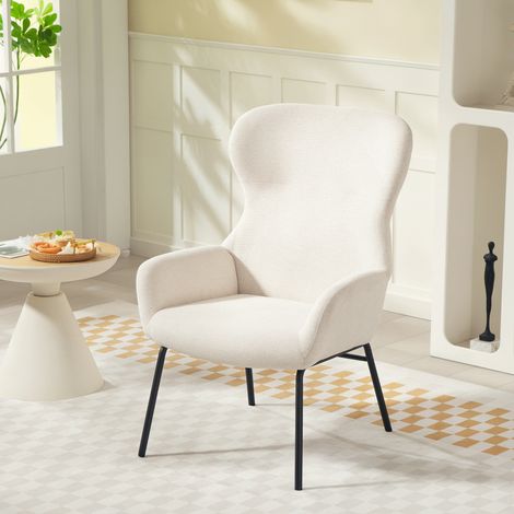 Fauteuil moderne capitonné de style oreilles, dossier haut, rembourrage épais, pieds en acier, blanc crème (1/5)