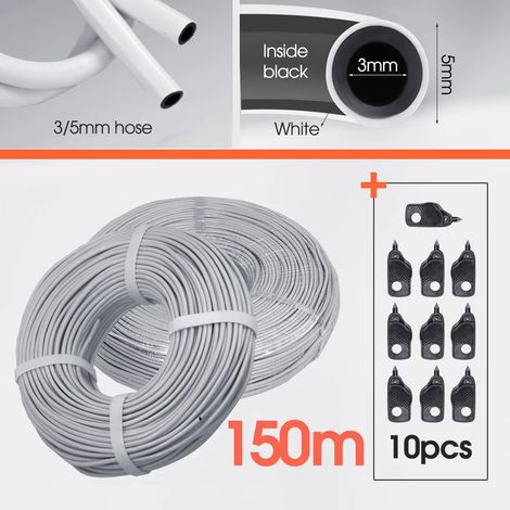 Tuyau d'arrosage en plastique (150 m - 315 mm) à revêtement blanc et intérieur noir, tube PVC 1/8" pour plantes d'intérieur, serres et pots, système d'irrigation goutte à goutte. (1/5)