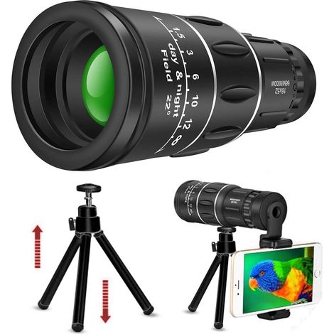 Télescope monoculaire 16x52 HD avec support et trépied pour smartphone, lentille à prisme BAK4 claire, double mise au point, idéal pour la randonnée, la chasse, le camping et l'observation des oiseaux (1/5)