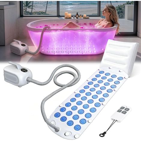 Tapis de Bain Spa à Bulles avec Lumières LED, Tapis de Baignoire avec Coussin Gonflable et Télécommande, Massage à 6 Intensités, 368 Jets de Bulles, Ventouses Antidérapantes, Faible Bruit (1/5)