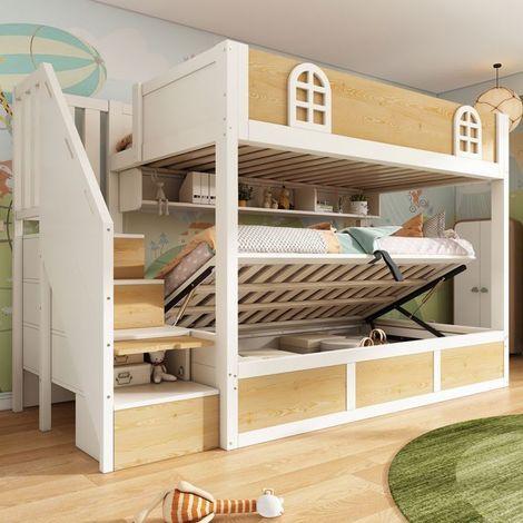 Lit superposé - SOGEU - 90x200 - Escalier avec rangement intégré - Blanc et bois naturel - 2 places, lattes incluses (1/5)