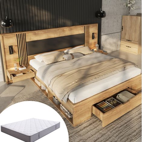 Letto matrimoniale moderno in MDF color naturale 160x200/180x200 cm con testiera imbottita PU, rete, contenitori e luci