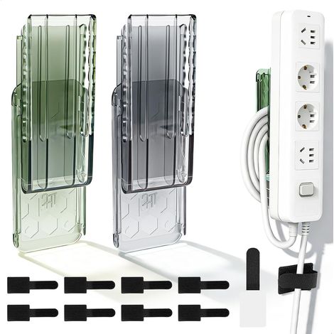 Support Multiprise Bureau, Fixation Murale Multiprises avec Enrouleur Câble et Bandes Auto-agrippantes, Support Mural Multiprise sans Perçage, Porte Multiprises Murale pour Salon Cuisine, Lot de 12 (1/5)