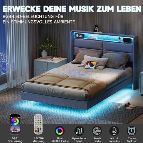 HAUSPROFI Schwebendes Polsterbett mit LED Beleuchtung, Bettgestell, RGB Farbwechsel, USB Ladestation, höhenverstellbares Kopfteil, Stauraum, Lattenrost, Leinenoptik Grau (1/5)