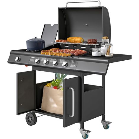 Barbecue à gaz avec brûleur latéral, tablettes et armoire, acier et PP, noir, 129,5x56x110 cm