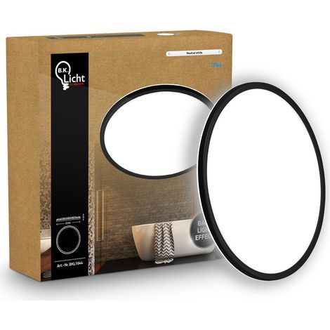 B.K.Licht Pannello LED piatto Ø29cm rotondo 18W 2400lm 4000K bianco neutro protezione dagli spruzzi d'acqua nero - Lampada da soffitto bagno cucina soggiorno