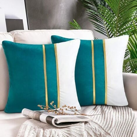 Modern Cushion Cover 45x45 cm, Gold Leather Stitching, Turquoise Velvet, Luxury Decor for Sofa, Bed, Living Room (1/5)