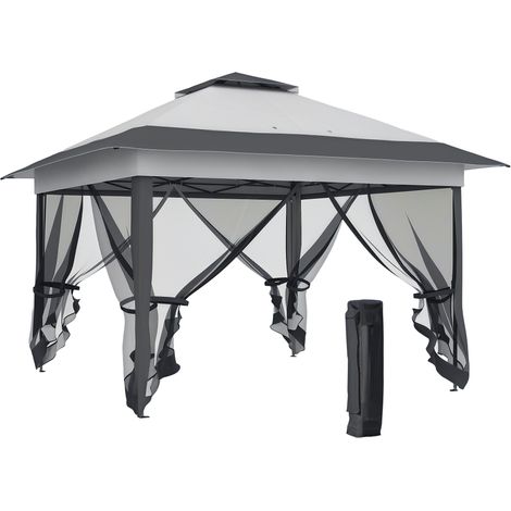 Gazebo/pergola da giardino pieghevole a scomparsa, in acciaio e poliestere, con zanzariere e borsa per il trasporto con ruote, colore grigio.