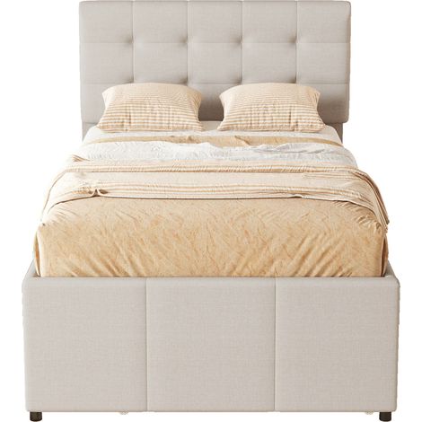 Lit capitonné 90x200 cm avec lit gigogne, 3 tiroirs, tête de lit réglable, sans matelas, beige, idéal pour chambre d'amis et rangement malin CHICFURN (1/5)