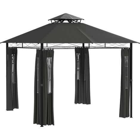 Pavillon 3 x 3 m Gartenzelt mit Seitenwand und Doppeldach wetterfestes Festzelt aus Metall in Dunkelgrau für Gartenpartys 
On-Site