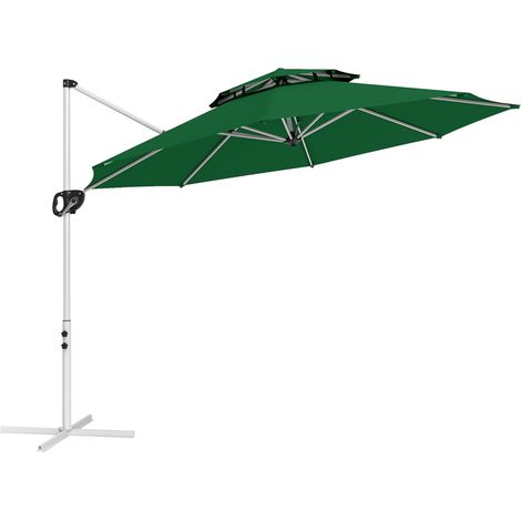 Sombrilla excéntrica con un diámetro de 292 cm, mango giratorio de 360°, inclinación ajustable, doble toldo y base en cruz de color verde oscuro