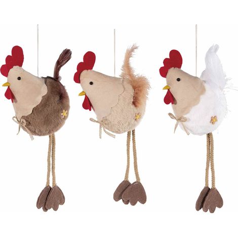 Galline pasquali gambelunghe in stoffa, con fiocchetto decorativo, pelo e piume da appendere, set da 6 pezzi, cm 18x8x21 H (con gambe41)
