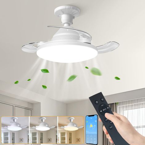 Ventilateur de plafond avec éclairage LED, télécommande/application, petit ventilateur LED, 4 vitesses, intensité variable, φ 38 cm (avec culot E27)