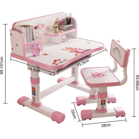 Schreibtisch- und Stuhlset für Kinder, höhenverstellbarer Lernstuhl für Kinder mit Cartoon-Motiv,pink,Kinderschreibtische (1/5)