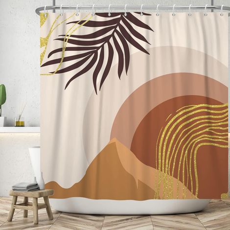 180x180cm Rideau de Douche Boho Rideaux de Douche Plantes Tropicales du Milieu du siècle Abstrait Feuille de Palmier Marron Rideau de Salle de Bain de Montagne Rideau de Baignoire Lavable (1/5)