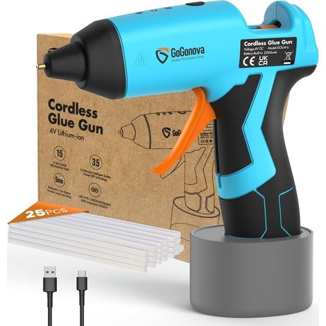 GoGonova Pistolet à colle sans fil, Chauffe Rapide en 15s, Avec 25 Bâtons de Colle de 7 mm et une Batterie de 2000 mAh, Idéal Pour le Bricolage, l'artisanat et les réparations rapides, Bleue (1/5)