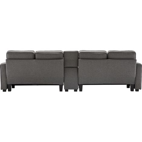 Divano 4 posti 290 x 83 x 88 cm in lino grigio scuro con consolle e USB - CHICFURN (1/5)
