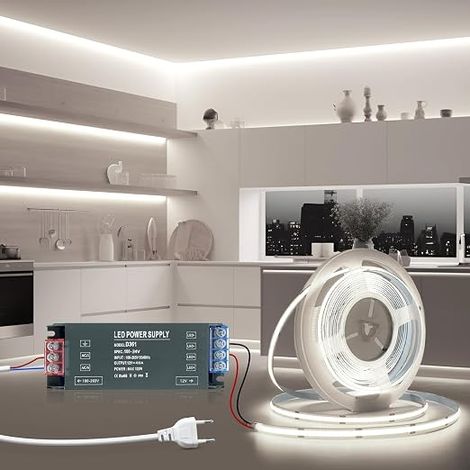 LED Strip 5 m 24 V COB Self-Adhesive Kitchen LED Strip Cool White 6000 K Flexible Cuttable 320LED/M Width 8 mm with Transformer 220 V 24 V 100 W and Power Supply with Plug for Home Bedroom (1/5)