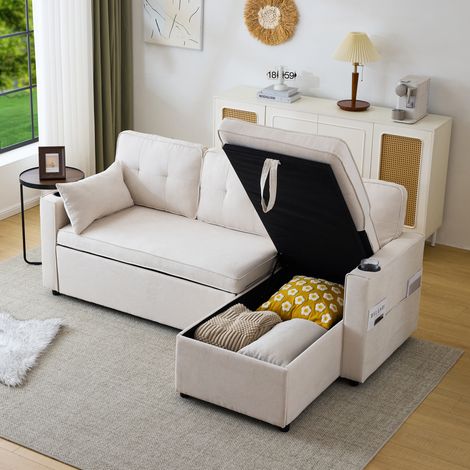 Sofá cama, sofá convertible en forma de L con capitoné, espacio de almacenamiento, 1 portavasos, algodón y lino, beige (1/5)
