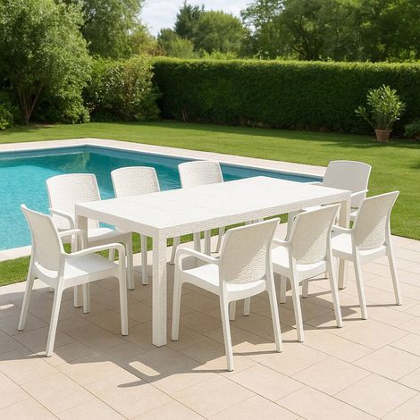 Dmora - Outdoor Lounge Set Arret, Outdoor Lounge Set, Ausziehbarer rechteckiger Tisch mit 8 Stühlen mit Armlehnen, Made in Italy, Weiß