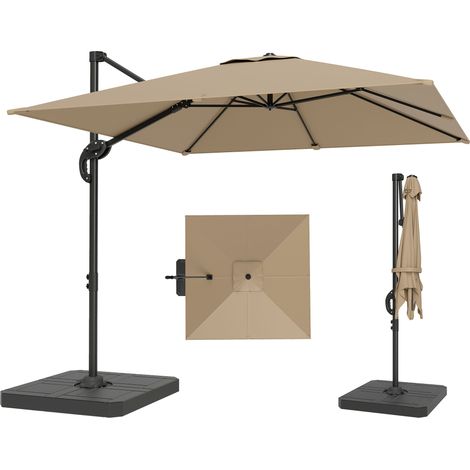 Outsunny – Parasol déporté kaki 310x244cm – Toile polyester 200g/m² UPF50+ – Mât aluminium rotatif 360° – Dalles lestage incluses