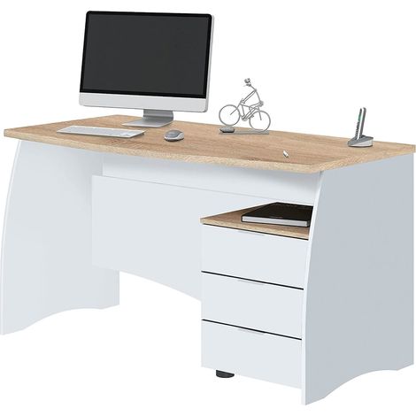 Scrivania Azziz, Scrittoio da ufficio, Tavolo da studio porta PC con 3 cassetti, 136x67h74 cm, Bianco e Rovere