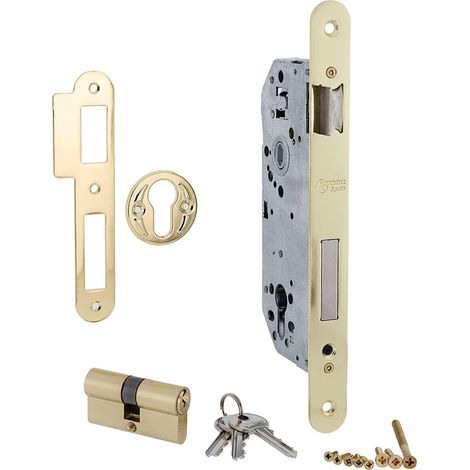 Cerradura embutir 50mm bombín euro 85mm ejes dorado canto redondo (1/3)