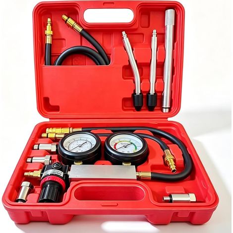 TU-21 Kit de test de fuite pour cylindre de voiture, testeur de compression de moteur à essence avec barre d'extension, double manomètre pour test de pression et test de taux de fuite, 0-100 psi, 0-7 (1/5)