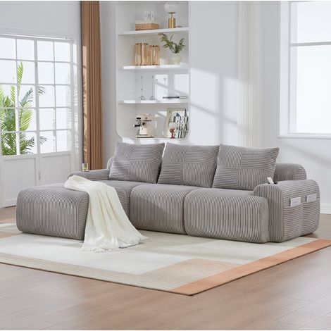 Sofa 3-Sitzer modular aus Cordstoff in Hellgrau, 268x174x80 cm, mit Cupholder, Seitentasche und Fußbankmodul (1/3)