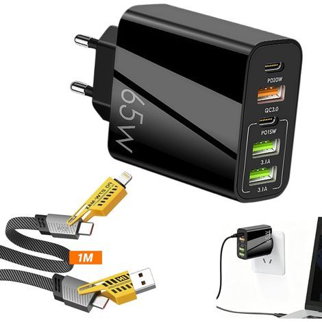 65-W-Schnellladegerät mit USB-C und 5 Anschlüssen, Multiport-USB-C-Adapter mit 2 USB-C-, 2 USB-A- und 1 QC-3.0-Anschluss, Netzteil mit 4-in-1-Multi-USB-Kabel (1 m) für iPhone 17/16/15/Pro/Pro Max, Sam (1/5)