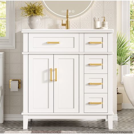 Mobile bagno con lavabo in ceramica, 76 x 46,5 x 86 cm, MDF e metallo, bianco HAVRYA (1/5)
