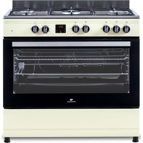 Continental Edison – Cuisinière piano 5 foyers gaz – Four catalyse 95L – Gril intégré – Température max 250°C – Affichage digital – Porte démontable – Design crème mat et inox