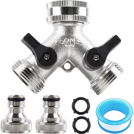 Répartiteur en Y SNQ 2 voies 3/4" pour robinets - Distributeur 2 voies avec raccords pour tuyau d'arrosage 2 3/4" - Bague de dénudage incluse - argent (1/5)